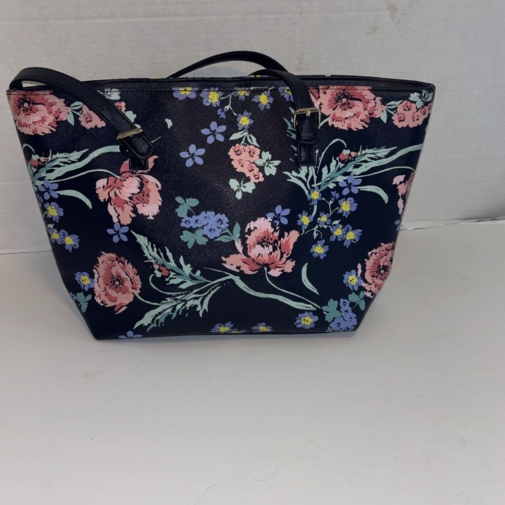 NAVY BLUE FLORAL TOTE BAG VEGAN LEATHER ZIP CLOSURE ON TOP ONE POCKET INSIDE